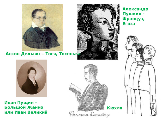 Александр Пушкин - Француз, Егоза Антон Дельвиг – Тося, Тосенька Иван Пущин – Большой Жанно или Иван Великий Кюхля 