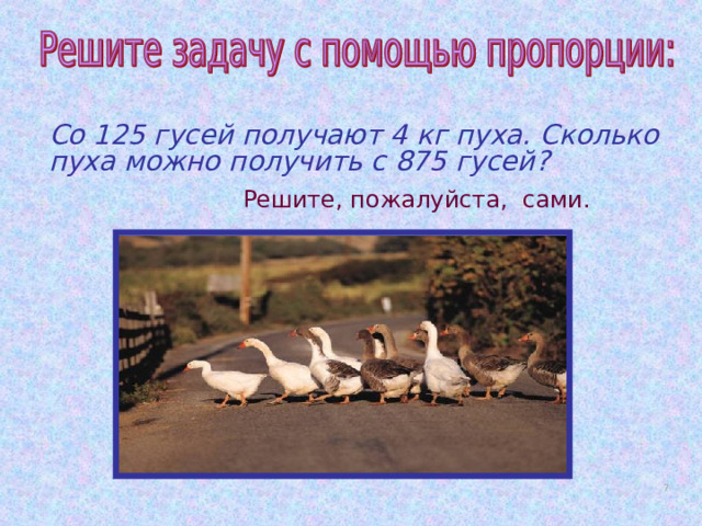 Со 125 гусей получают 4 кг пуха. Сколько пуха можно получить с 875 гусей? Решите, пожалуйста, сами.  