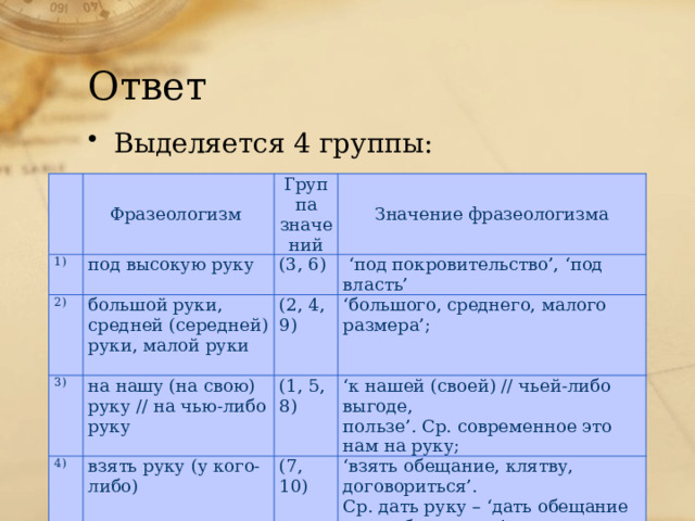 Ответ Выделяется 4 группы: Фразеологизм 1) под высокую руку 2) Группа 3) большой руки, средней (середней) руки, малой руки (3, 6) Значение фразеологизма значений ‘ под покровительство’, ‘под власть’ на нашу (на свою) руку // на чью-либо руку 4) (2, 4, 9) взять руку (у кого-либо) ‘ большого, среднего, малого размера’; (1, 5, 8) ‘ к нашей (своей) // чьей-либо выгоде, 2 б. (7, 10) пользе’. Ср. современное это нам на руку; ‘ взять обещание, клятву, договориться’. 5 б. Ср. дать руку – ‘дать обещание что-либо сделать’. 4 б. 