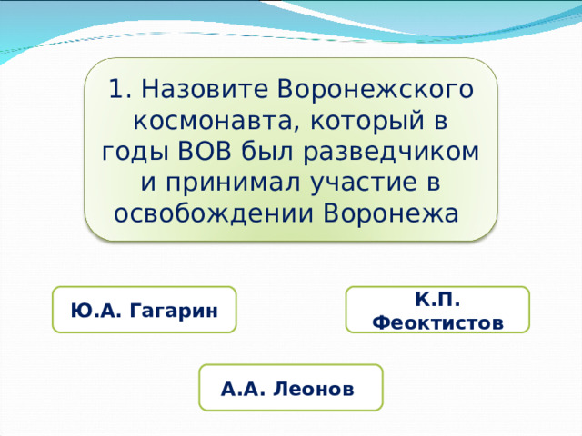 1. Назовите Воронежского космонавта, который в годы ВОВ был разведчиком и принимал участие в освобождении Воронежа Ю.А. Гагарин К.П. Феоктистов А.А. Леонов 