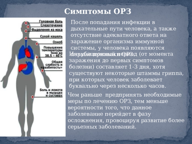 Симптомы ОРЗ После попадания инфекции в дыхательные пути человека, а также отсутствие адекватного ответа на заражение организма иммунной системы, у человека появляются первые признаки ОРЗ. Инкубационный период (от момента заражения до первых симптомов болезни) составляет 1-3 дня, хотя существуют некоторые штаммы гриппа, при которых человек заболевает буквально через несколько часов. Чем раньше предпринять необходимые меры по лечению ОРЗ, тем меньше вероятности того, что данное заболевание перейдет в фазу осложнения, провоцируя развитие более серьезных заболеваний. 