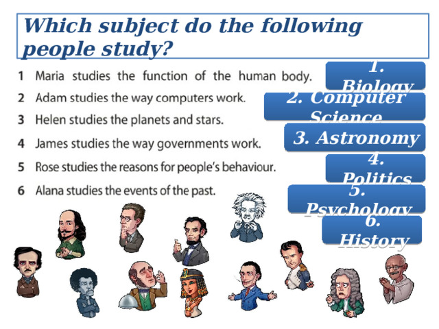 Which subject do the following people study? 1. Biology 2. Computer Science 3. Astronomy 4. Politics 5. Psychology 6. History 