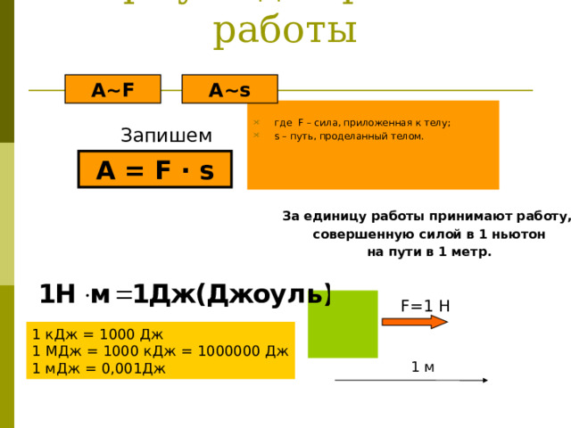 Формула для расчета работы A ~s A ~F где F – сила, приложенная к телу; s – путь, проделанный телом. Запишем: A = F ∙ s За единицу работы принимают работу,  совершенную силой в 1 ньютон  на пути в 1 метр.  F=1 Н 1 кДж = 1000 Дж 1 МДж = 1000 кДж = 1000000 Дж 1 мДж = 0,001Дж 1 м 