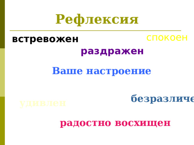 Рефлексия спокоен встревожен раздражен Ваше настроение безразличен удивлен радостно восхищен 