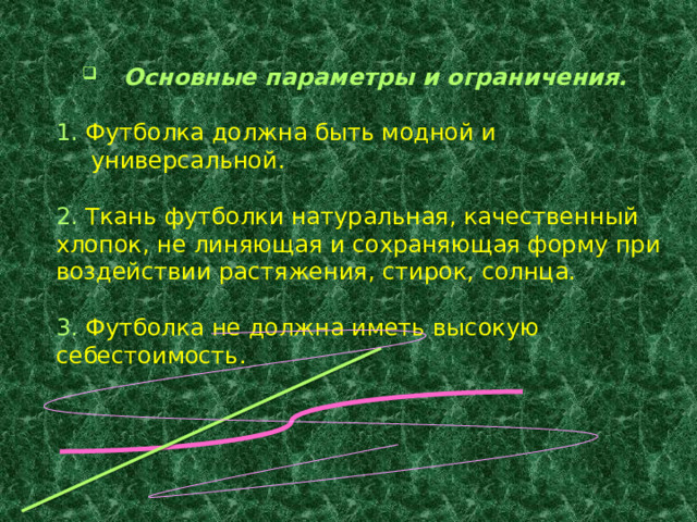  Основные параметры и ограничения. 1. Футболка должна быть модной и универсальной. 2. Ткань футболки натуральная, качественный хлопок, не линяющая и сохраняющая форму при воздействии растяжения, стирок, солнца. 3. Футболка не должна иметь высокую себестоимость. 