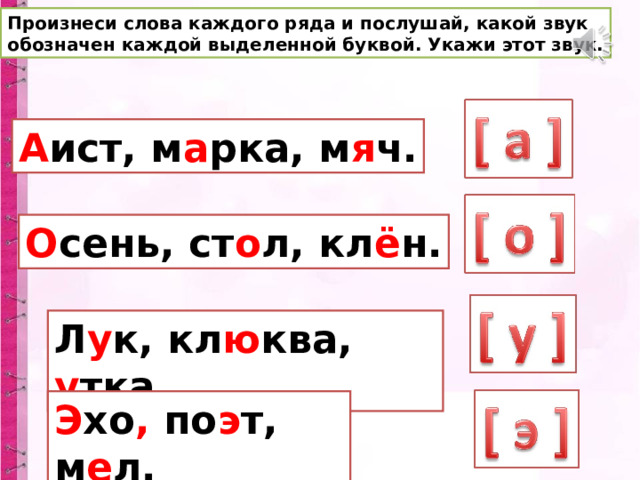 Произнеси слова каждого ряда и послушай, какой звук обозначен каждой выделенной буквой. Укажи этот звук. А ист, м а рка, м я ч. О сень , ст о л, кл ё н. Л у к , кл ю ква, у тка. Э хо , по э т, м е л. 