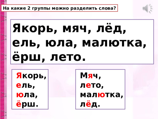 На какие 2 группы можно разделить слова? Якорь, мяч, лёд, ель, юла, малютка, ёрш, лето.  Я корь,  е ль,  ю ла,  ё рш.  М я ч,  л е то,  мал ю тка,  л ё д. 