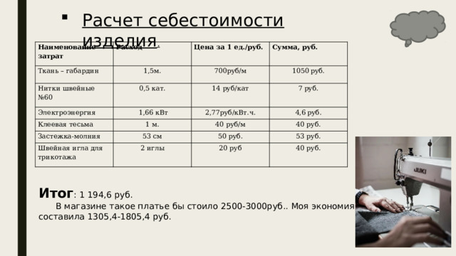 Расчет себестоимости изделия . Наименование затрат Расход Ткань – габардин 1,5м. Цена за 1 ед./руб. Нитки швейные №60 Электроэнергия Сумма, руб. 700руб/м 0,5 кат.  1,66 кВт Клеевая тесьма 14 руб/кат 1050  руб. 7  руб. Застежка-молния 1 м. 2,77руб/кВт.ч. 53 см 4,6  руб. 40 руб/м Швейная игла для трикотажа 40 руб. 50 руб. 2 иглы 53 руб. 20 руб 40 руб. Итог : 1 194,6 руб.   В магазине такое платье бы стоило 2500-3000руб.. Моя экономия составила 1305,4-1805,4 руб. 