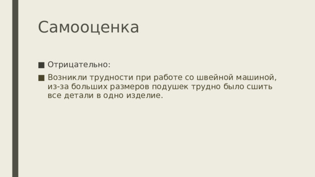 Самооценка Отрицательно: Возникли трудности при работе со швейной машиной, из-за больших размеров подушек трудно было сшить все детали в одно изделие. 