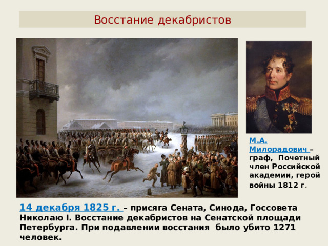 Восстание декабристов М.А. Милорадович – граф, Почетный член Российской академии, герой войны 1812 г . 14 декабря 1825 г. – присяга Сената, Синода, Госсовета Николаю I . Восстание декабристов на Сенатской площади Петербурга. При подавлении восстания было убито 1271 человек. 