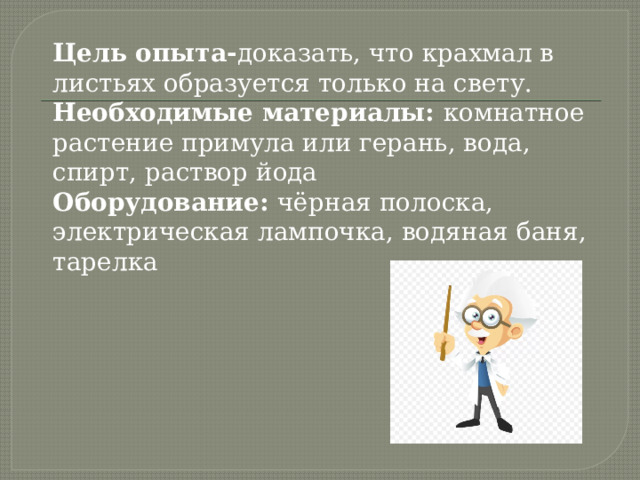 Цель опыта- доказать, что крахмал в листьях образуется только на свету. Необходимые материалы:   комнатное растение примула или герань, вода, спирт, раствор йода Оборудование: чёрная полоска, электрическая лампочка, водяная баня, тарелка 