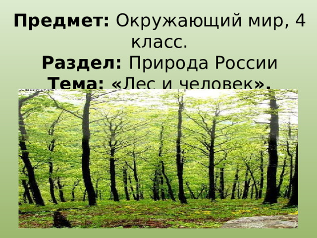 Предмет: Окружающий мир, 4 класс.   Раздел: Природа России  Тема: « Лес и человек ».   
