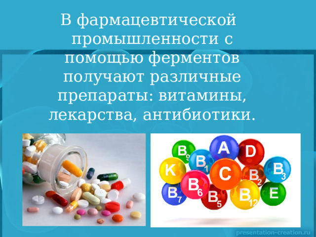  В фармацевтической промышленности с помощью ферментов получают различные препараты: витамины, лекарства, антибиотики. 