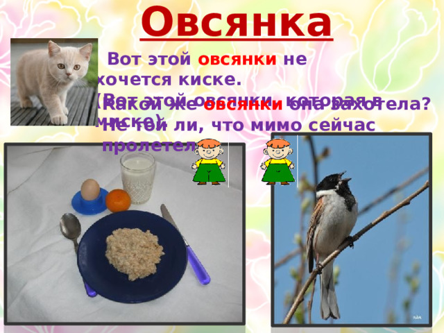 Овсянка  Вот этой овсянки не хочется киске. (Вот этой овсянки, которая в миске). Какой же овсянки она захотела? Не той ли, что мимо сейчас пролетела.  