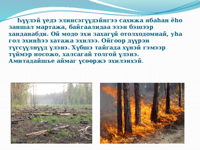  Һүүлэй үедэ элинсэгүүдэйнгээ сахижа ябаhан ёhо заншал мартажа, байгаалидаа эзэн бэшээр ханданабди. Ой модо эхи захагүй отолходомнай, уhа гол эхинhээ хатажа эхилээ. Ойгоор дүүрэн түгсүүлнүүд үлэнэ. Хүбшэ тайгада хүнэй гэмээр түймэр носожо, халсагай толгой үлэнэ. Амитадайшье аймаг үсөөржэ эхилэнхэй . 