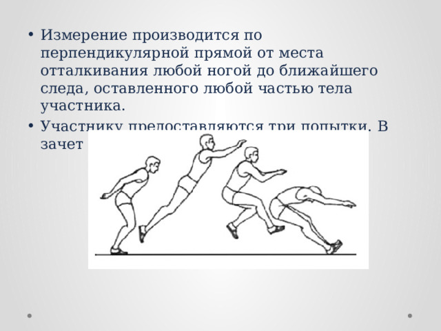 Измерение производится по перпендикулярной прямой от места отталкивания любой ногой до ближайшего следа, оставленного любой частью тела участника. Участнику предоставляются три попытки. В зачет идет лучший результат. 