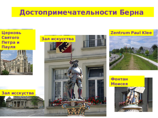 Достопримечательности Берна Церковь Святого Zentrum Paul Klee Петра и Пауля Зал искусства Фонтан Моисея Зал исскуства 