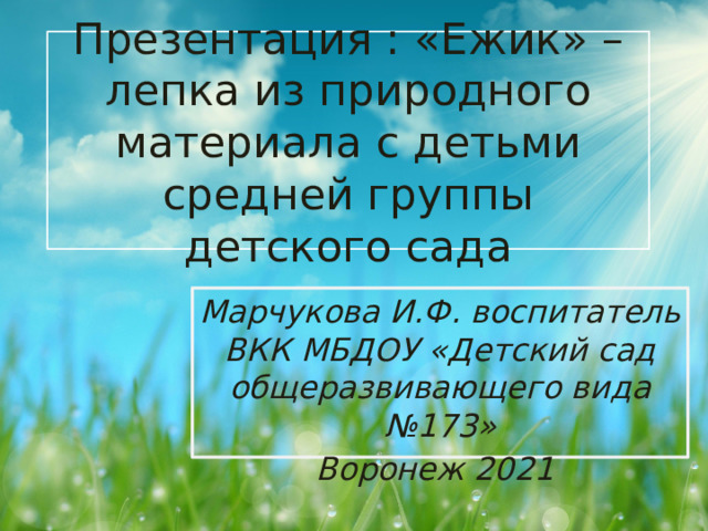 Презентация : «Ежик» – лепка из природного материала с детьми средней группы детского сада Марчукова И.Ф. воспитатель ВКК МБДОУ «Детский сад общеразвивающего вида №173» Воронеж 2021 