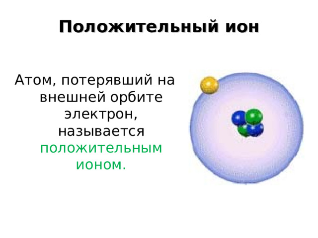 Положительный ион  Атом, потерявший на внешней орбите электрон, называется положительным ионом.       