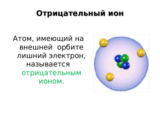 Отрицательный ион Атом, имеющий на внешней орбите лишний электрон, называется отрицательным ионом. 