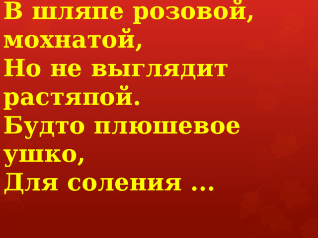 В шляпе розовой, мохнатой,   Но не выглядит растяпой.   Будто плюшевое ушко,   Для соления ...   