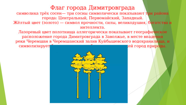 Флаг города Димитровграда  символика трёх сосен— три сосны символически показывают три района города: Центральный, Первомайский, Западный.  Жёлтый цвет (золото) — символ прочности, силы, великодушия, богатства и интеллекта.  Лазоревый цвет полотнища аллегорически показывает географическое расположение города Димитровграда в Заволжье, в месте впадения реки Черемшан в Черемшанский залив Куйбышевского водохранилища, и символизирует богатство и разнообразие окружающей город природы.   