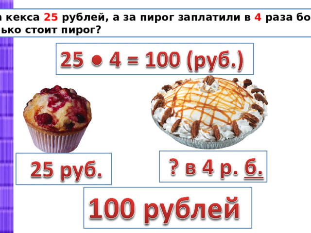 Мама купила 2 пирожных по 30 рублей и кекс за 25 рублей. Сколько денег заплатила мама за покупку? 