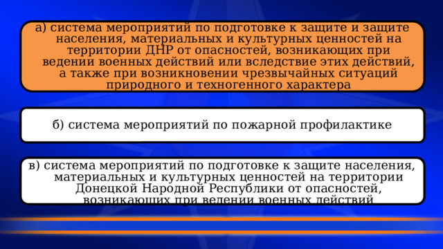 а) система мероприятий по подготовке к защите и защите населения, материальных и культурных ценностей на территории ДНР от опасностей, возникающих при ведении военных действий или вследствие этих действий, а также при возникновении чрезвычайных ситуаций природного и техногенного характера б) система мероприятий по пожарной профилактике в) система мероприятий по подготовке к защите населения, материальных и культурных ценностей на территории Донецкой Народной Республики от опасностей, возникающих при ведении военных действий  
