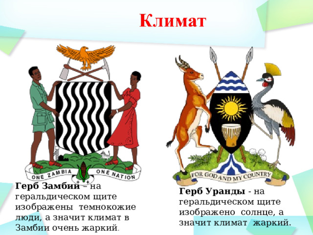 Герб Замбии – на геральдическом щите изображены темнокожие люди, а значит климат в Замбии очень жаркий . Герб Уранды - на геральдическом щите изображено солнце, а значит климат жаркий. 