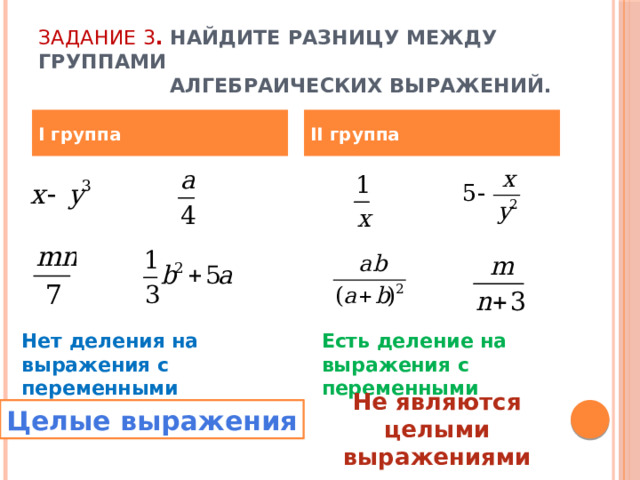 Задание 3 . Найдите разницу между группами  алгебраических выражений. I группа II группа Нет деления на выражения с переменными Есть деление на выражения с переменными Не являются целыми выражениями Целые выражения 