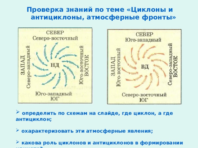 Проверка знаний по теме «Циклоны и антициклоны, атмосферные фронты»  определить по схемам на слайде, где циклон, а где антициклон;  определить по схемам на слайде, где циклон, а где антициклон;    охарактеризовать эти атмосферные явления;  охарактеризовать эти атмосферные явления;    какова роль циклонов и антициклонов в формировании климата?  какова роль циклонов и антициклонов в формировании климата? 
