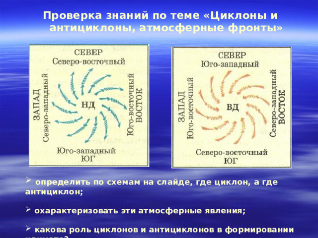 Проверка знаний по теме «Циклоны и антициклоны, атмосферные фронты»  определить по схемам на слайде, где циклон, а где антициклон;  определить по схемам на слайде, где циклон, а где антициклон;    охарактеризовать эти атмосферные явления;  охарактеризовать эти атмосферные явления;    какова роль циклонов и антициклонов в формировании климата?  какова роль циклонов и антициклонов в формировании климата? 