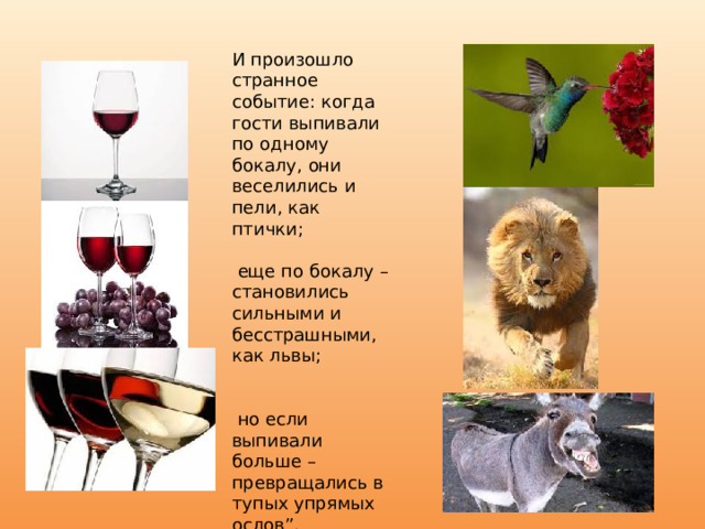 И произошло странное событие: когда гости выпивали по одному бокалу, они веселились и пели, как птички;  еще по бокалу – становились сильными и бесстрашными, как львы;  но если выпивали больше – превращались в тупых упрямых ослов”. 