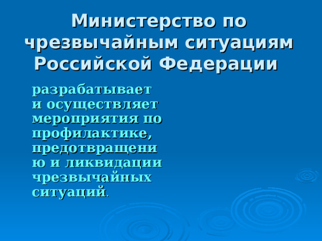 Министерство по чрезвычайным ситуациям Российской Федерации   разрабатывает и осуществляет мероприятия по профилактике, предотвращению и ликвидации чрезвычайных ситуаций . 