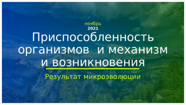 ноябрь 2021 Приспособленность организмов и механизм и возникновения Результат микроэволюции 1 