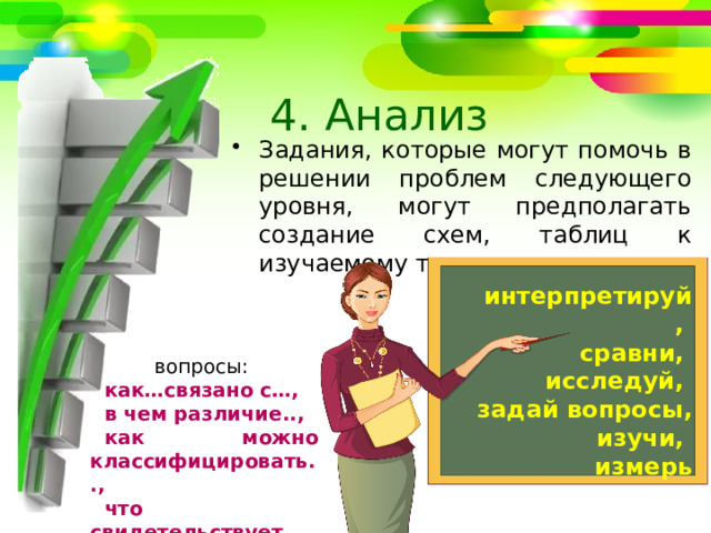 4. Анализ Задания, которые могут помочь в решении проблем следующего уровня, могут предполагать создание схем, таблиц к изучаемому тексту. интерпретируй, сравни, исследуй, задай вопросы, изучи, измерь вопросы: как…связано с…, в чем различие.., как можно классифицировать.., что свидетельствует о… 