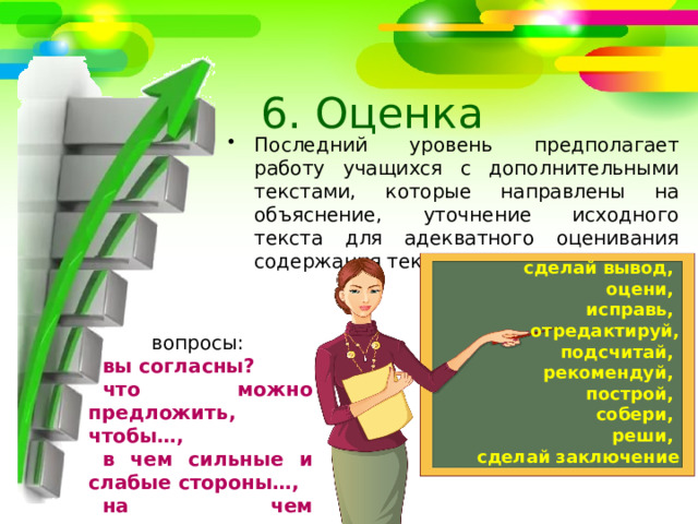 6. Оценка Последний уровень предполагает работу учащихся с дополнительными текстами, которые направлены на объяснение, уточнение исходного текста для адекватного оценивания содержания текста. сделай вывод, оцени, исправь, отредактируй, подсчитай, рекомендуй, построй, собери, реши, сделай заключение вопросы: вы согласны? что можно предложить, чтобы…, в чем сильные и слабые стороны…, на чем основывается утверждение… 