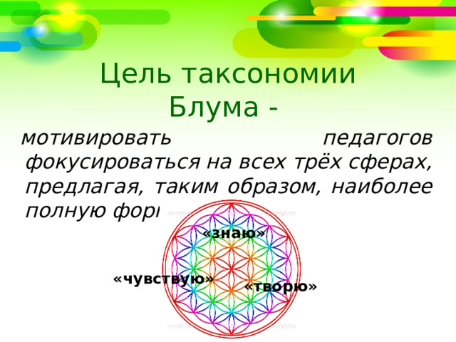 Цель таксономии Блума - мотивировать педагогов фокусироваться на всех трёх сферах, предлагая, таким образом, наиболее полную форму обучения.  «знаю» «чувствую» «творю» 