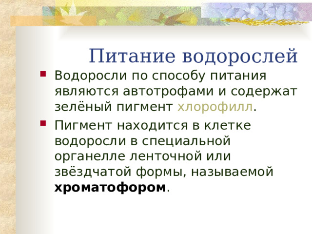  Питание водорослей Водоросли по способу питания являются автотрофами и содержат зелёный пигмент хлорофилл . Пигмент находится в клетке водоросли в специальной органелле ленточной или звёздчатой формы, называемой хроматофором .  