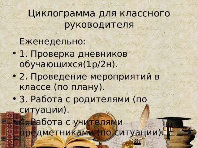 Циклограмма для классного руководителя  Еженедельно: 1. Проверка дневников обучающихся(1р/2н). 2. Проведение мероприятий в классе (по плану). 3. Работа с родителями (по ситуации). 4. Работа с учителями предметниками (по ситуации). 