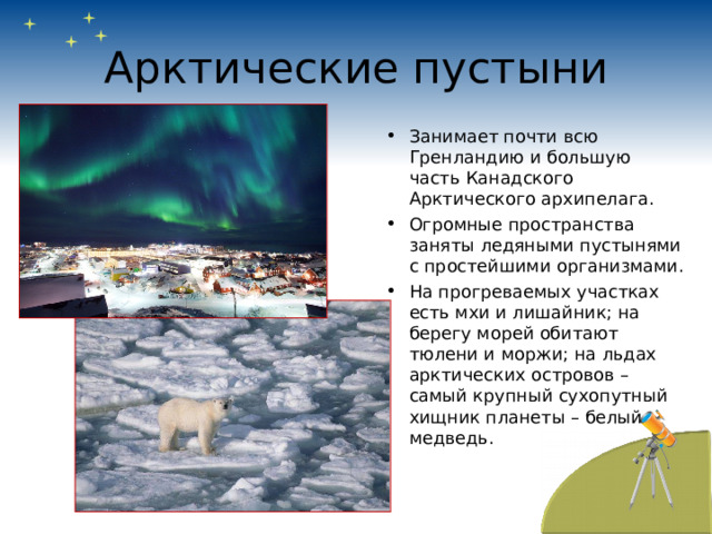 Арктические пустыни Занимает почти всю Гренландию и большую часть Канадского Арктического архипелага. Огромные пространства заняты ледяными пустынями с простейшими организмами. На прогреваемых участках есть мхи и лишайник; на берегу морей обитают тюлени и моржи; на льдах арктических островов – самый крупный сухопутный хищник планеты – белый медведь.   