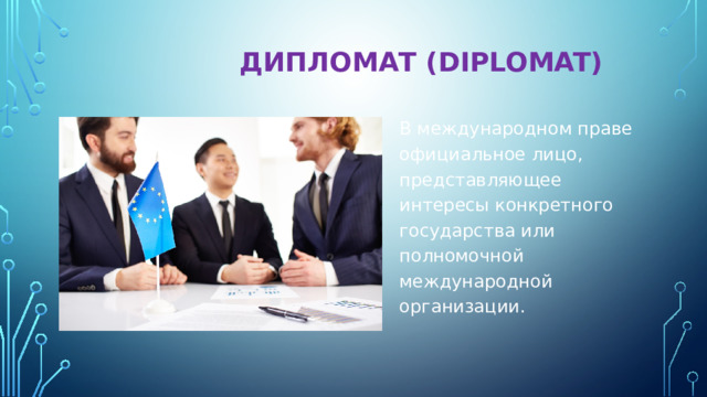  ДИПЛОМАТ (DIPLOMAT)   В международном праве официальное лицо, представляющее интересы конкретного государства или полномочной международной организации. 