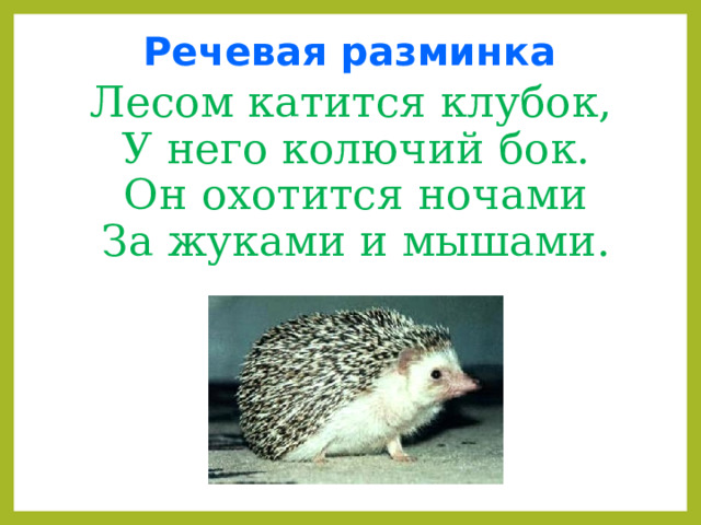 Речевая разминка Лесом катится клубок,  У него колючий бок.  Он охотится ночами  За жуками и мышами.  