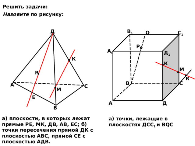 Решить задачи: Назовите по рисунку: Д В 1 Q С 1 P А 1 Д 1 К К М Р R В С А С М Е А Д В а) плоскости, в которых лежат прямые РЕ, МК, ДВ, АВ, ЕС; б) точки пересечения прямой ДК с плоскостью АВС, прямой СЕ с плоскостью АДВ. а) точки, лежащие в плоскостях ДСС 1 и В Q С 