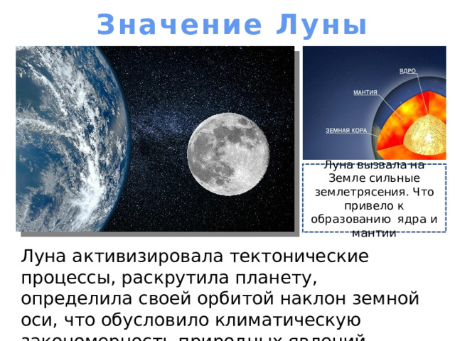 Значение Луны Луна вызвала на Земле сильные землетрясения. Что привело к образованию ядра и мантии Луна активизировала тектонические процессы, раскрутила планету, определила своей орбитой наклон земной оси, что обусловило климатическую закономерность природных явлений Земли. 