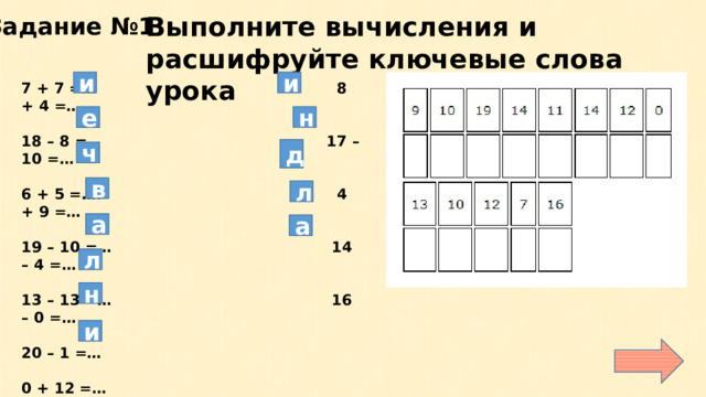 Выполните вычисления и расшифруйте ключевые слова урока Задание №1 и и 7 + 7 =… 8 + 4 =…  18 – 8 =… 17 – 10 =…  6 + 5 =…. 4 + 9 =…  19 – 10 =… 14 – 4 =…  13 – 13 =… 16 – 0 =…  20 – 1 =…  0 + 12 =…  10 + 4 =… н е д ч в л а а л н и 