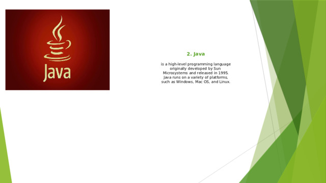 2. Java   is a high-level programming language  originally developed by Sun  Microsystems and released in 1995.  Java runs on a variety of platforms,  such as Windows, Mac OS, and Linux. 