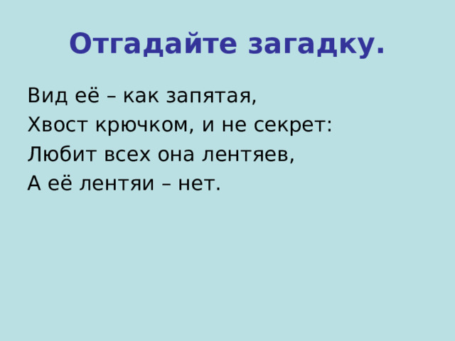 Отгадайте загадку. Вид её – как запятая, Хвост крючком, и не секрет: Любит всех она лентяев, А её лентяи – нет. 