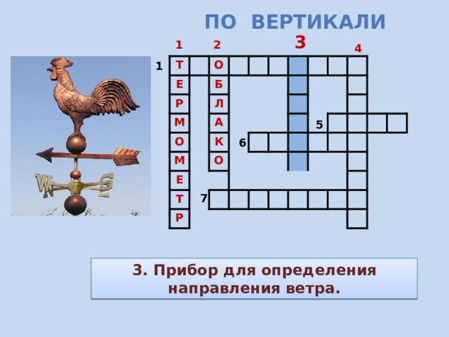 По вертикали  3 1 2 4 1 Т Е О Р Б М Л О М А К Е О Т Р 5 6 7 3. Прибор для определения направления ветра. 