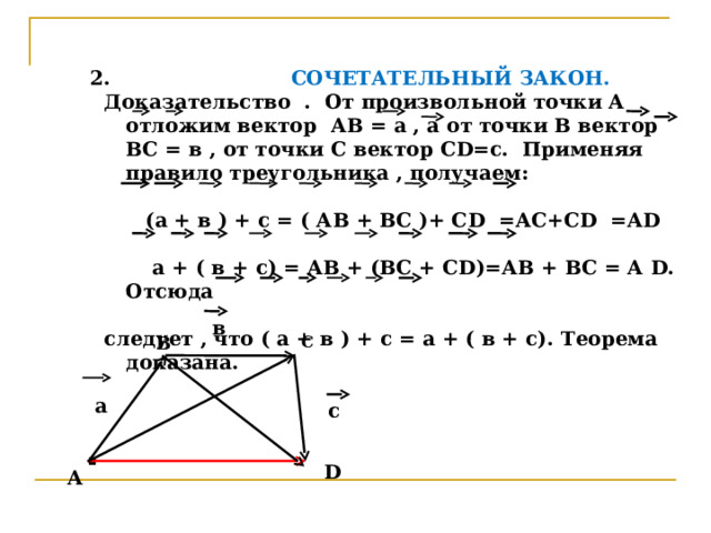  СОЧЕТАТЕЛЬНЫЙ ЗАКОН.  Доказательство . От произвольной точки А отложим вектор АВ = а , а от точки В вектор ВС = в , от точки С вектор С D =с. Применяя правило треугольника , получаем:   (а + в ) + с = ( АВ + ВС )+ С D  = А C +С D =А D    а + ( в + с) = АВ + (ВС + С D)= АВ + ВС = А D . Отсюда   следует , что ( а + в ) + с = а + ( в + с). Теорема доказана.  в В С а с . D А 